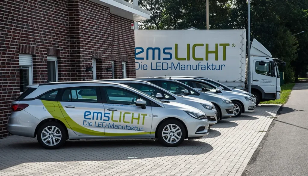 EmsLICHT Autos vor dem Firmengebäude